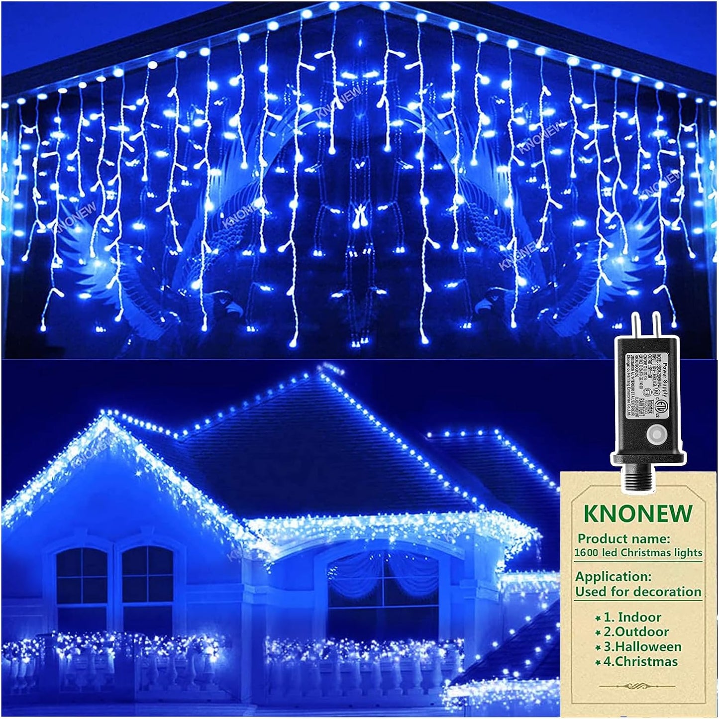KNONEW 164FT 1600 LED Christmas Lights Outdoor Decoration Blue Timer 8Modes Hanging Fairy String Lights with 320 Drops, Plug in Waterproof Indoor Decor for Holiday Wedding Party Window Garden