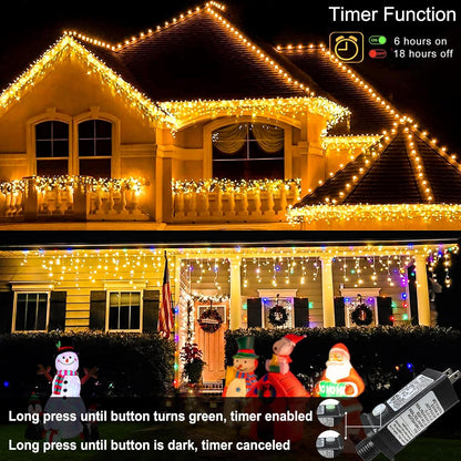 Warm White Christmas Lights Outdoor, 66ft 640 LED Icicle Lights for Outside House with Connectable Clear Wire 8 Modes Timer, Plug in Waterproof for Eaves Yard Party Indoor Holiday Decoration