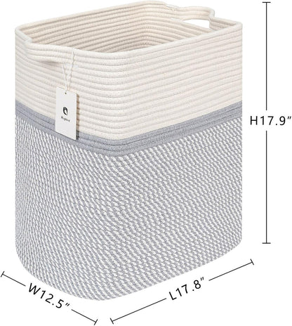 Storage Baskets for Clothes Fabric Cotton Rope Storage Basket with Handles, Decorative Woven Basket for Living Room,Closet Organizer Blankets, and 2bags (White/Gray, L17.8×W12.5×H17.9)
