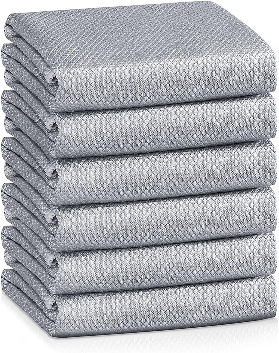 Streak Free Lint Free Microfiber Window Cleaning Cloth,Best Glass Car Shiny Wipes Mirror Shower Cleaning Cloth, Miracle Cloths for Glasses,Stainless Steel,Wine Glass Polishing Towels,Pack of 6,Grey