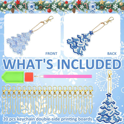 Tondiamo 20 Pcs Christmas Diamond Painting Keychain Kits 5D DIY Diamond Art Pendants Double Sided Hanging Key Chains for Christmas Party Decoration DIY(Blue and White Porcelain)