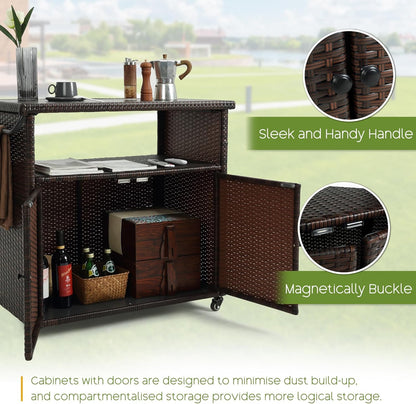 Wicker Outdoor Bar Cart - Brown Patio Console Storage Table Buffet Cabinet Serving Kitchen Cart with Wheels for Outside Backyard