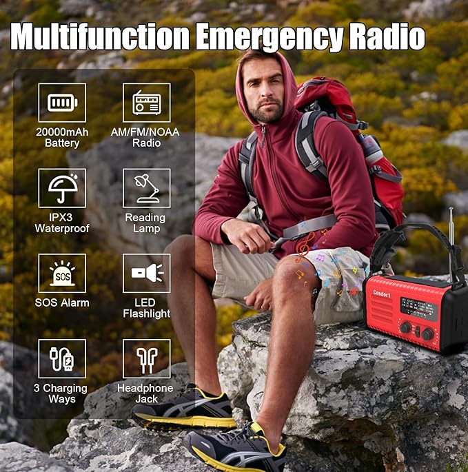 Emergency Weather Radio, 20000mAh Solar Hand Crank NOAA AM FM Radio, Battery Powered, SOS Alarm, LED Reading Lamp & Flashlight for Home Hurricane Outdoor Survival (Red)