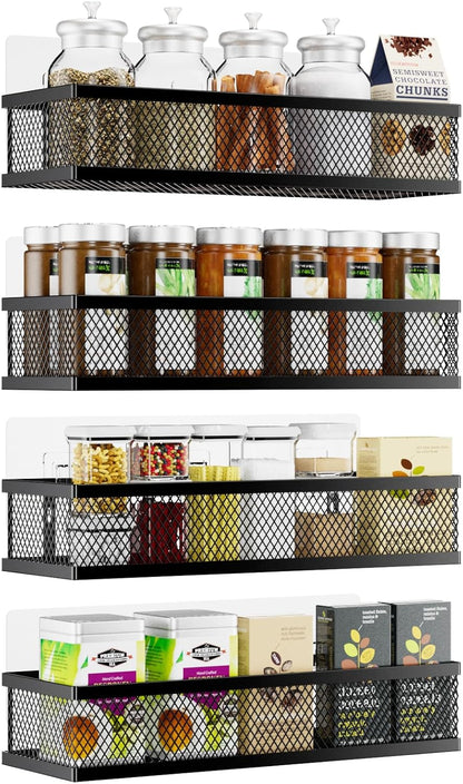 Spice Rack Wall Mount, 4 Pack Pantry Door Organizer & Hanging Storage Baskets Organizer Wall Mount, Large Capacity Metal Spice Shelf for Kitchen Cabinet, Pantry Doors, Bathroom, Shower, Home Decor