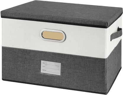 Large Linen Fabric Foldable Storage Bins with Removable Lid and Handles, Washable Storage Box Organizer Containers Baskets Cube with Cover for Bedroom,Closet,Office,Nursery(Grey&Cream, Medium)