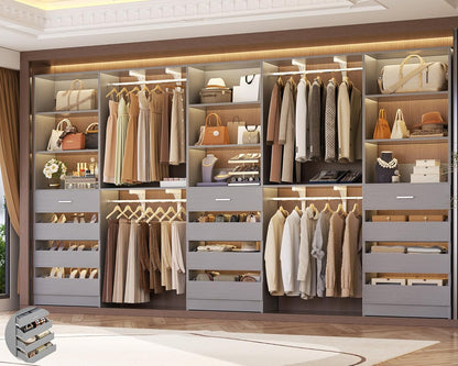 Aheaplus Closet System Set of 3, 138.5" Wood Closet Organizer System Tower with 12 Drawers & 4 Hanging Rods, 6.7+4.85Ft L Shaped Walk-in Closets Wardrobe Organizer Garment Rack with Shelves, Grey