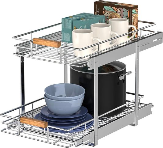 Pull Out Cabinet Organizer(11" W x 21" D), 2 Tier Wire Basket Slide Out Shelf Storage with Wood Handle, Pull Shelf Drawers for 12-1/4” Cabinet Opening, Chrome