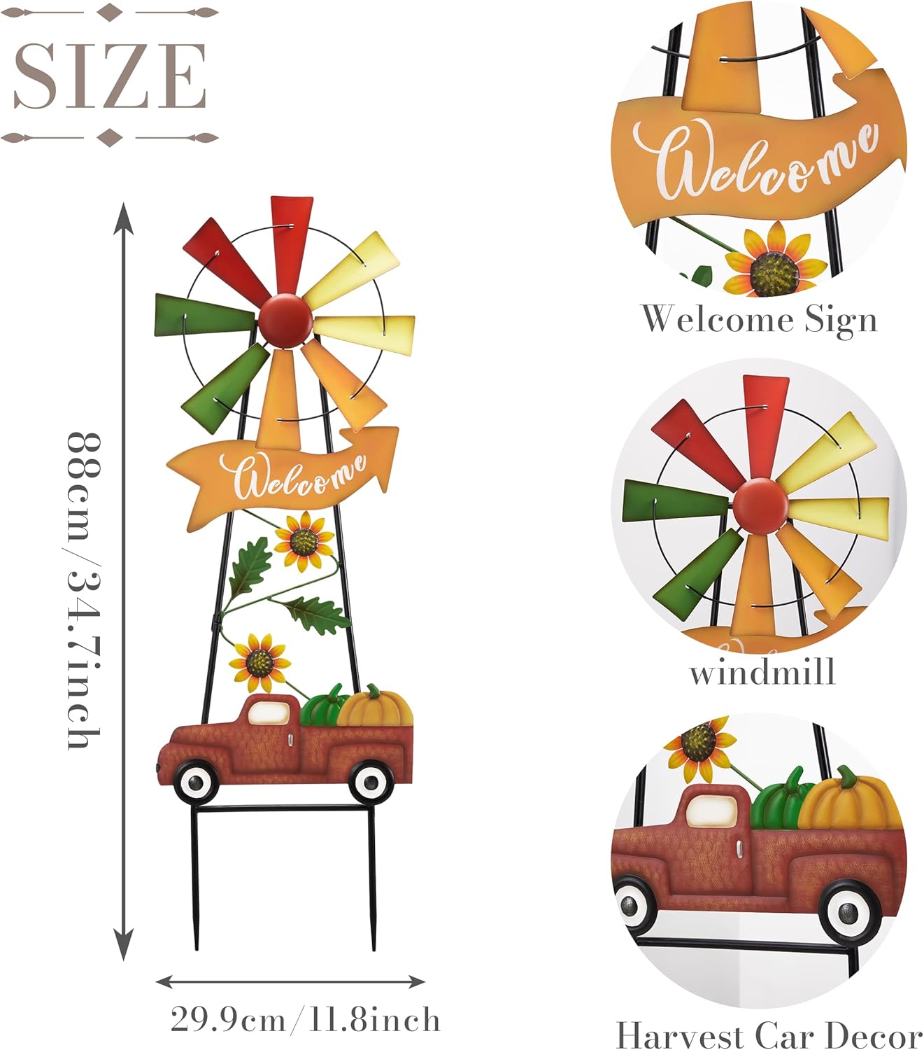 TERESA'S COLLECTIONS Fall Decor for Outdoor Home, Metal Pumpkin Fall Decorations Wind Spinner Yard Stakes Welcome Sign for Thanksgiving Decorations, Rustic Autumn Sunflower Decor for Lawn Patio, 35"