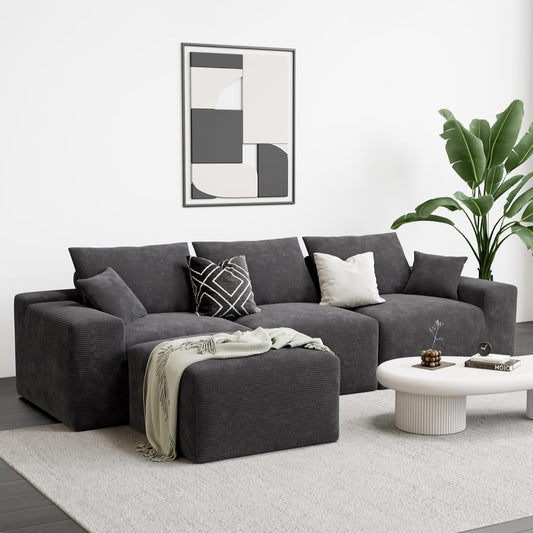 LIKIMIO 120" Modern L-Shaped Modular Sectional Sofa for Living Room, Corduroy Upholstery Dark Grey, Oversized 3-Seater Couch with Deep Seat and Movable Ottoman – No Assembly