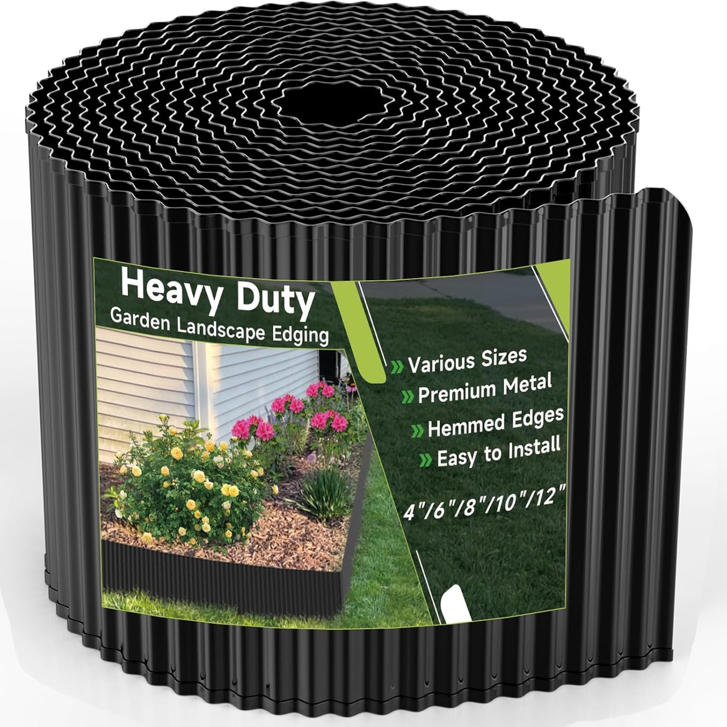 Corrugated Garden Edging, 8"×10Ft Galvanized Steel Landscape Edging & Lawn Edging Border, Metal Garden Border for Flower Beds, Garden，Lawn，Raised Beds & Tree Surrounds (Black)