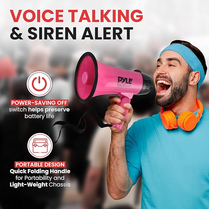 PYLE-PRO Portable Megaphone Speaker Siren Bullhorn - Compact and Battery Operated with 20 Watt Power, Microphone, 2 Modes, PA Sound and Foldable Handle for Cheerleading and Police Use PMP24PK (Pink)