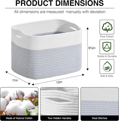 Woven Cotton Rope Storage Basket for Organizing, Cute Decorative Baskets for Gifts Empty, Organizer Bins for Dog Toy, Baby Laundry, 15“×11”×9.5“, Off White & Blue