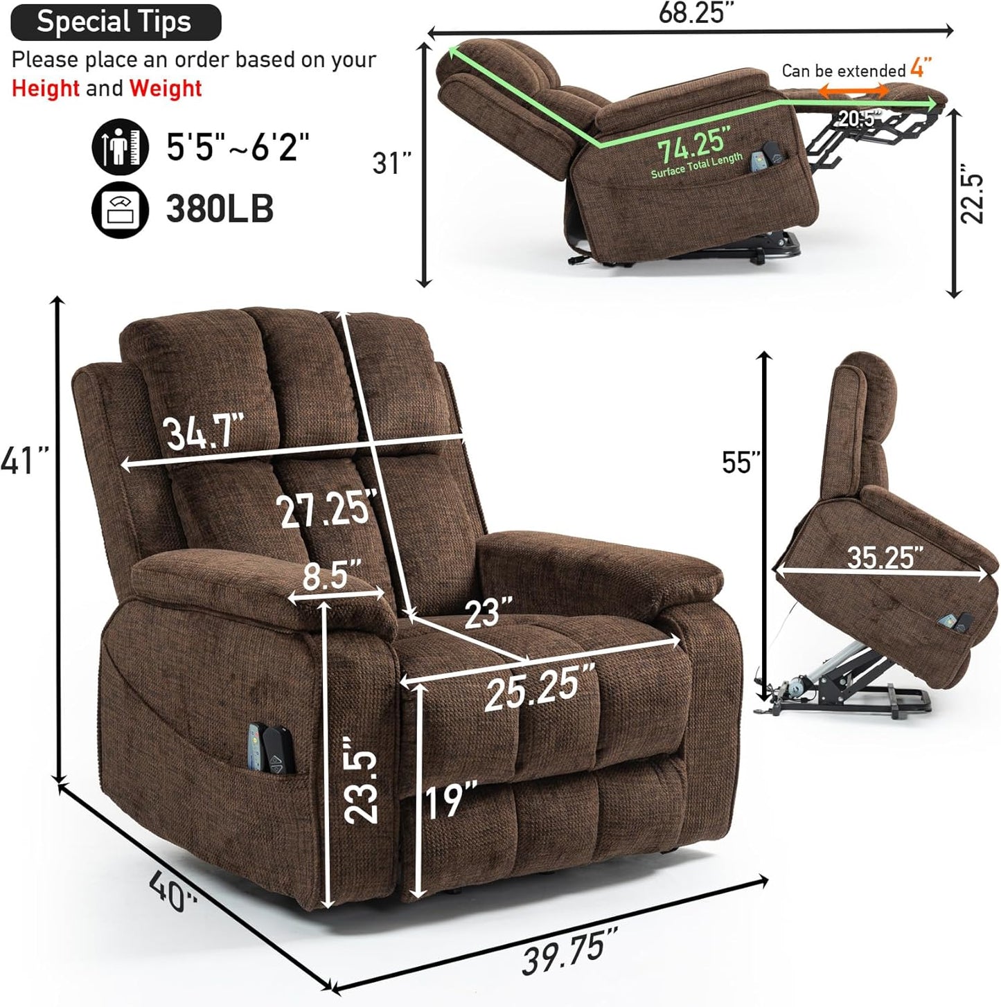 Lazy Boy Recliner Chair, Postoperative Recovery，Retractable 23'' Extra-Long Leg Support Lift Chair Hold up to 400lb，25.5'' Oversized Recliner seat for Big and Tall