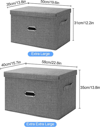 Large Linen Fabric Foldable Storage Bins with Removable Lid and Handles, Washable Storage Box Organizer Containers Baskets Cube with Cover for Bedroom,Office(Cream, XXL)