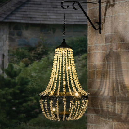 Hanging Solar Chandelier Outdoor, 30 Warm White Lights Acrylic Clear Beaded Chandelier with S Hooks Modern Lantern for Garden Yard Patio Gazebo Decorations, 28”H