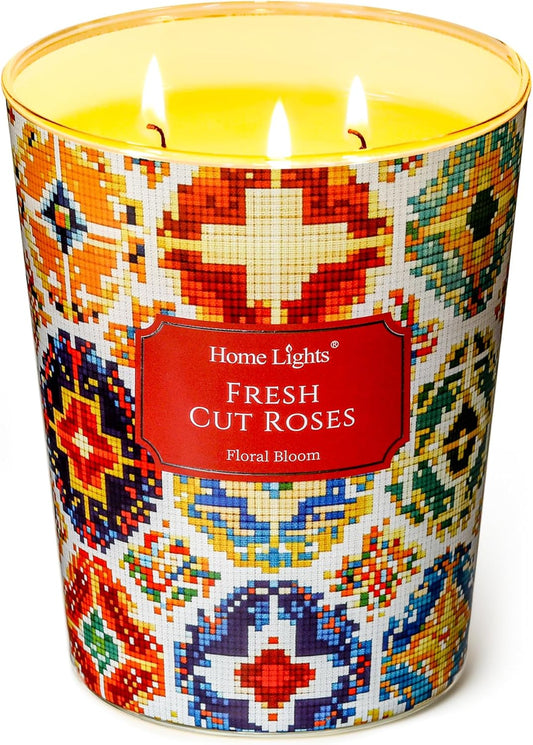 HomeLights 3-Wick Candles for Home Scented - 34oz Soy Wax Blend Candle Long-Lasting Fragrance, Bohemian Natural Textures Home Decor and Housewarming Gifts, Fresh Cut Roses