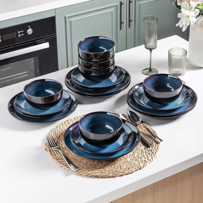 LERATIO Ceramic Dinnerware Sets for 8,Stoneware Plates and Bowls Sets,Handmade Reactive Glaze Dishes Set,Chip Resistant and Scratch Resistant | Oven&Dishwasher & Microwave Safe-Blue(24PCS)
