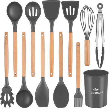 Silicone Cooking Utensils Set, Premium Beech Wood Handle Kitchen Gadgets Utensil Set, Non-Stick Kitchen Utensils Spatula, Tongs, Turner, Whisk, Brush, Spoon, BPA FREE, 446°F Resistant (Dark Gray)