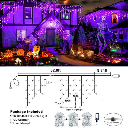 Halloween Lights Outdoor, 33FT 400 LED Purple Icicle Lights for Outside with Waterproof 8 Modes, Plug in Connectable Curtain Twinkle Light for Indoor Bedroom Patio Yard Party Holiday Decorations