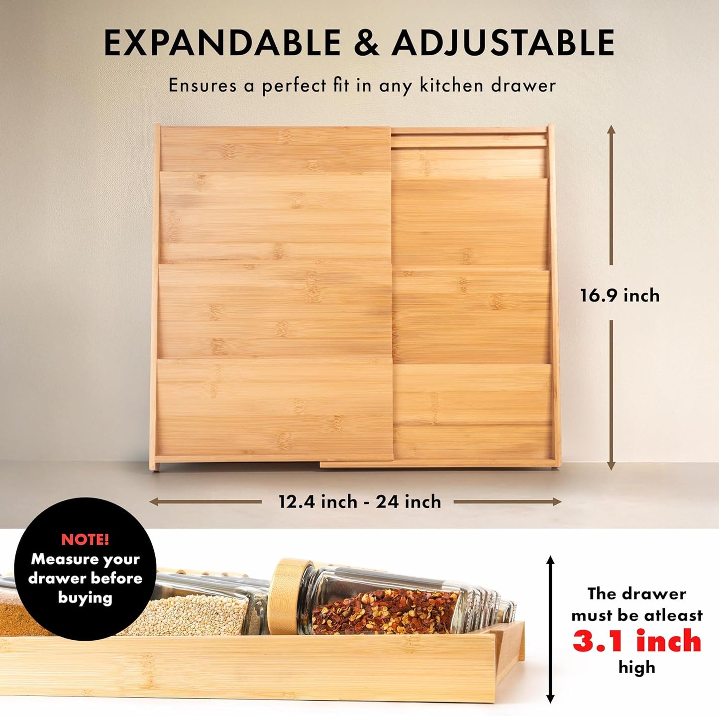 Bamboo Spice Drawer Organizer - Expandable 4 Tier Spice Rack (Need 3" Deep Drawer) 12" to 24" Wide, Seasoning Organizer, Organization Seasoning Rack insert (Jars Not Included)