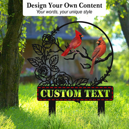 Personalized Garden Name Signs with Stake, Custom Red Bird Metal Decor Decorative Outside, Yard Outdoor Art Gift for Mom Grandmother, Patio House Warming Gifts New Home
