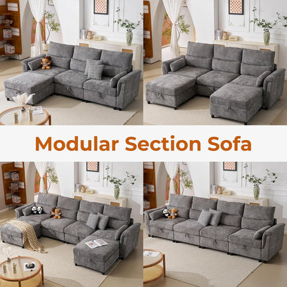 132'' Oversized Modular Sectional Sofa, U Shaped Comfy Sectional Couch with Large Storage, 6 Seat Chenille Deep Seat Cloud Sofa with 2 Throw Pillows for Living Room,Grey