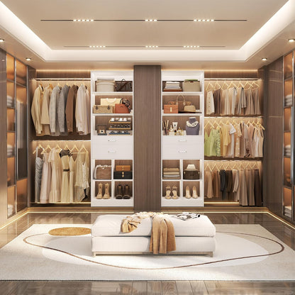 Closet System, 4-8 FT Closet Organizer Tower with 2 Wooden Drawers and Shelves, Can Fit 60 to 96 inch Walk-in Closet System with 5 Hanging Rods, Built-in, White