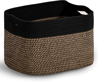 Woven Cotton Rope Storage Basket for Organizing, Cute Decorative Baskets for Gifts Empty, Organizer Bins for Dog Toy, Baby Laundry, 15“×11”×9.5“, Jute & Black
