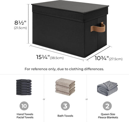 StorageWorks Large Storage Bins with Lids, Decorative Storage Boxes with Lid and PU Handles, Foldable Storage Baskets for Closet, Shelves, Stackable, Black, 3-Pack