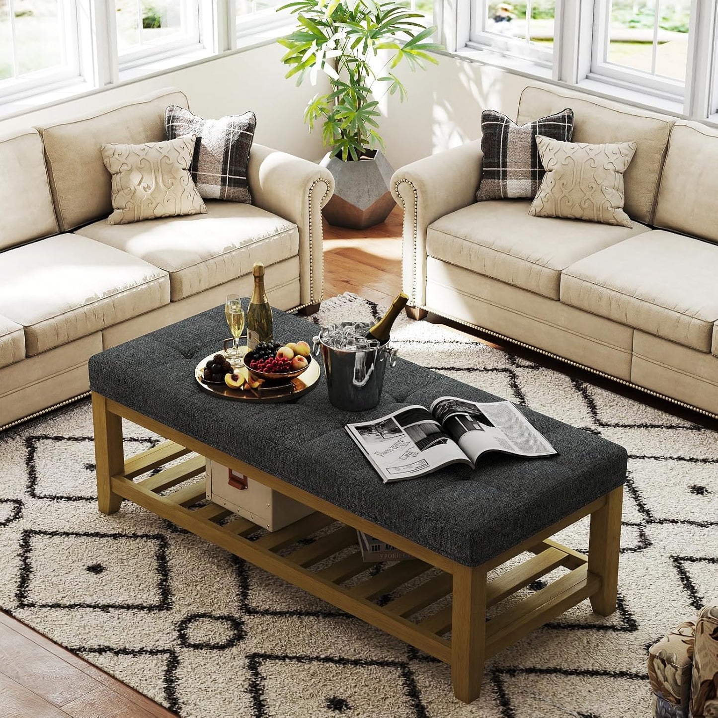 Large Rectangular Upholstered Ottoman Bench, Linen Tufted Footrest Ottoman with Solid Wood Shelf Storage Coffee Table for Bedroom Living Room, Dark Gary