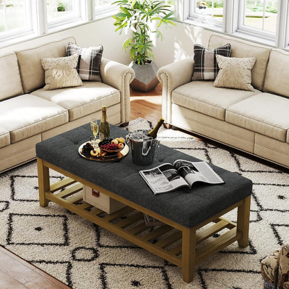 Large Rectangular Upholstered Ottoman Bench, Linen Tufted Footrest Ottoman with Solid Wood Shelf Storage Coffee Table for Bedroom Living Room, Dark Gary