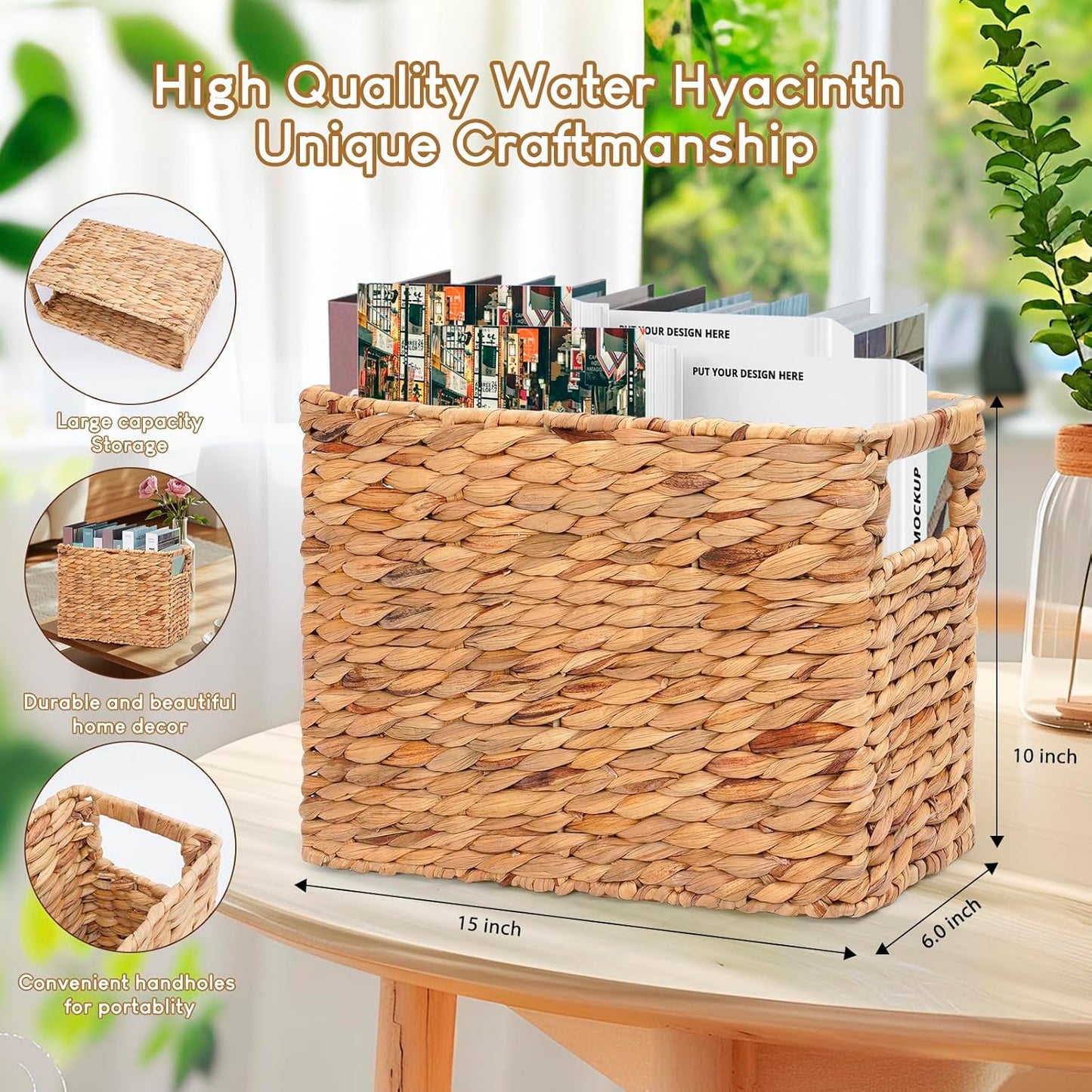 Magazines Holder Basket - Wicker Magazine Basket, Handwoven Magazine Holders for Bathroom,Home Magazine Storage Basket, Water Hyacinth Magazine Rack Organizer for Books, Newspapers, Narrow Rectangle