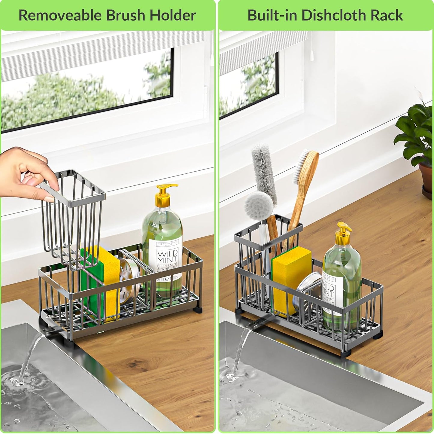 Self-Draining Kitchen Sink Caddy with Elevated Brush Holder – Rustproof Stainless Steel Multipurpose Sponge Holder for Kitchen Sink Organizer with Durable Design for Countertop