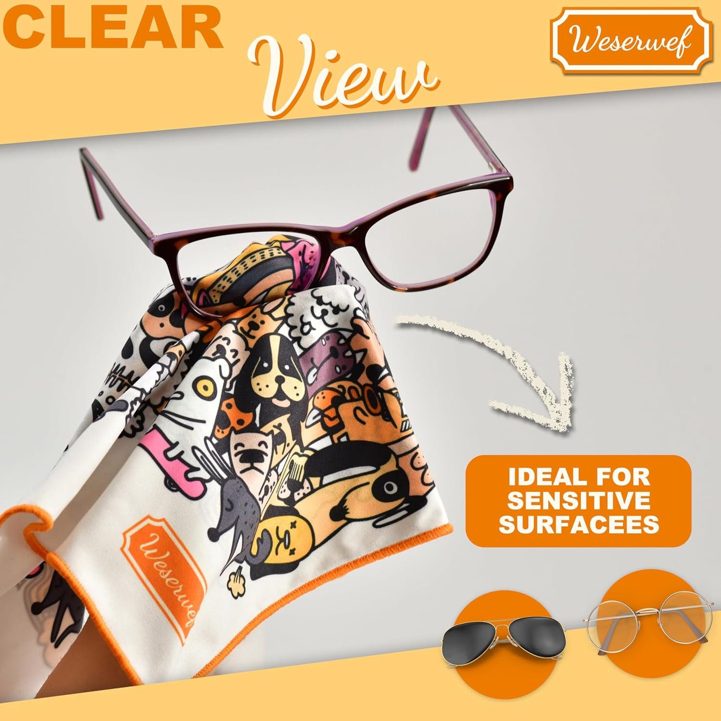 WESERWEF Design Microfiber Glasses Cleaning Cloth – Premium Cleaning Cloth for Eyeglasses, Screens, Tablets, Cameras & Lenses, 12" x 12", Ultra-Soft & Scratch-Free (Funny Dogs)