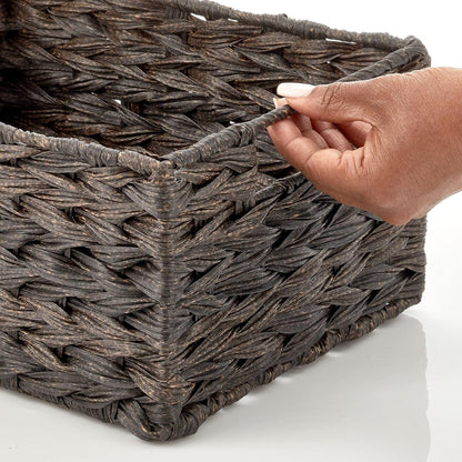 mDesign Woven Farmhouse Kitchen Pantry Food Storage Organizer Basket Bin Box, Container Organization for Cabinets, Cupboards, Shelves, Counter - Store Potatoes, Onions, Fruit, 3 Pack, Espresso Brown
