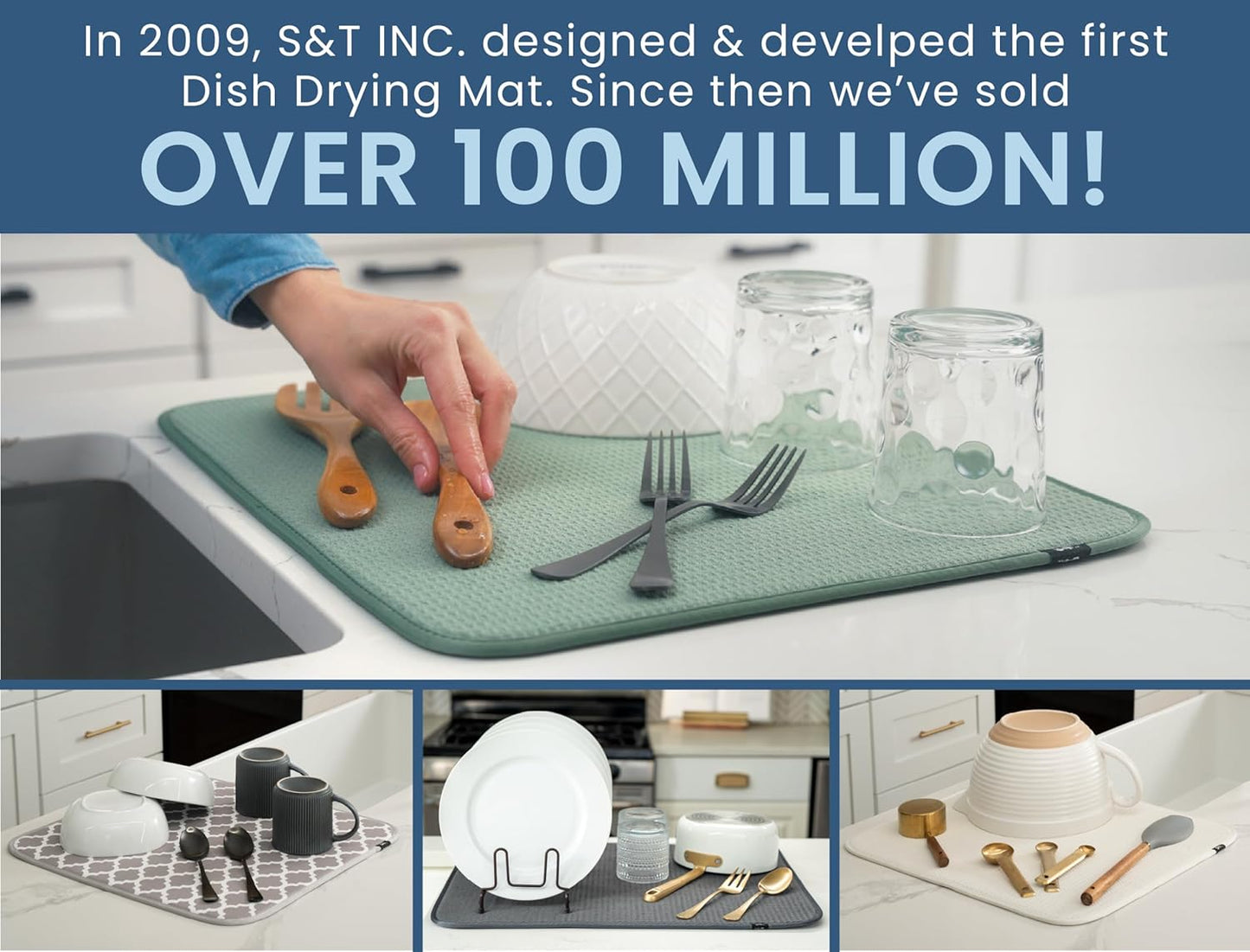 S&T INC. Dish Drying Mat XL, 18” x 24”, Absorbent Microfiber Kitchen Counter Mat, Dish Drying Pad for Dishes, Utensils, Pots and Pans, Extra Large, Cream Distressed Lines