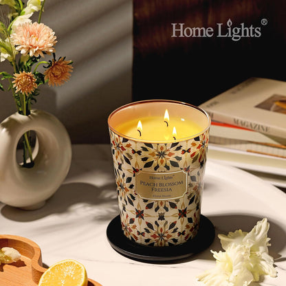 HomeLights 3-Wick Candles for Home Scented - 34oz Soy Wax Blend Candle Long-Lasting Fragrance, Bohemian Natural Textures Home Decor and Housewarming Gifts, Peach Blossom Freesia