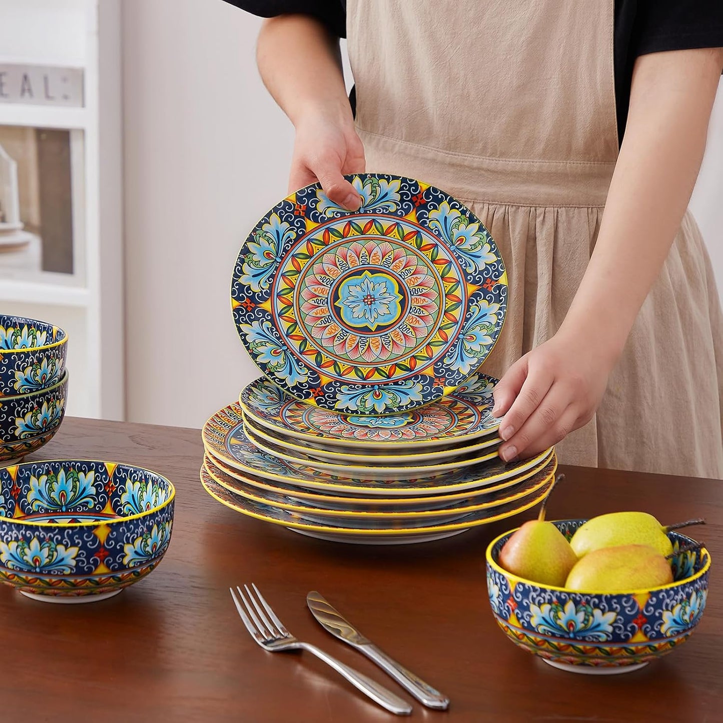 vancasso 12 Pieces Dinnerware Sets, Yellow Plates and Bowls Set, Porcelain Dishes Set for 4, Microwave and Dishwasher Safe, Scratch Resistant, Bohemian Style Dining Ware Service for 4, Series SIMI