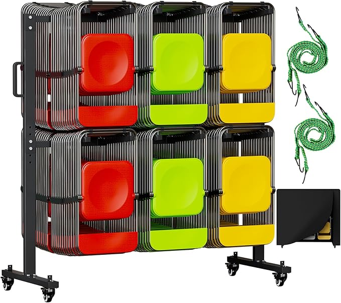 Folding Chair Rack for 84 Chairs or 12 Tables, Heavy Duty Folding Chair Cart with Swivel Wheels, 800LBS Load Capacity, Dual-Layer Chair Storage Rack with 2 Elastic Cord and Weatherproof Cover, Black