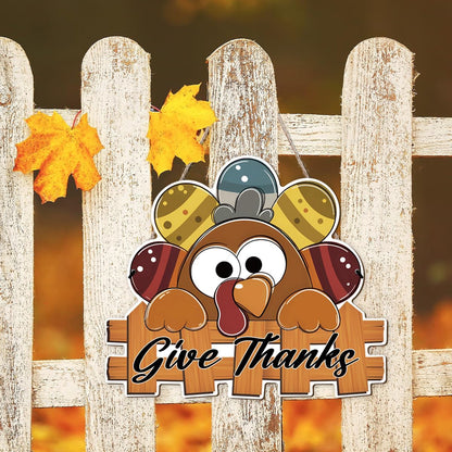 Give Thanks Sign Turkey Front Door Decor Thanksgiving Day Wood Door Hanger, Fall Wooden Thankful Wreath Hanging Decoration for Outdoor Outside Porch, Housewarming Gift