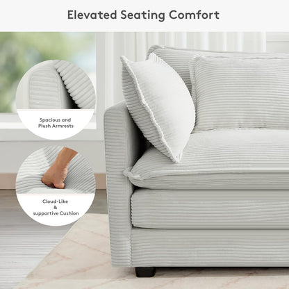 ROWHY 150'' Modular Sectional Sofa Cloud Couch, 7 Seater Big Comfy Corduroy L Shaped Couch with 4 Pillows, Chaise, Ottoman, Deep Seat Sectional Couches for Living Room Office, Light Grey