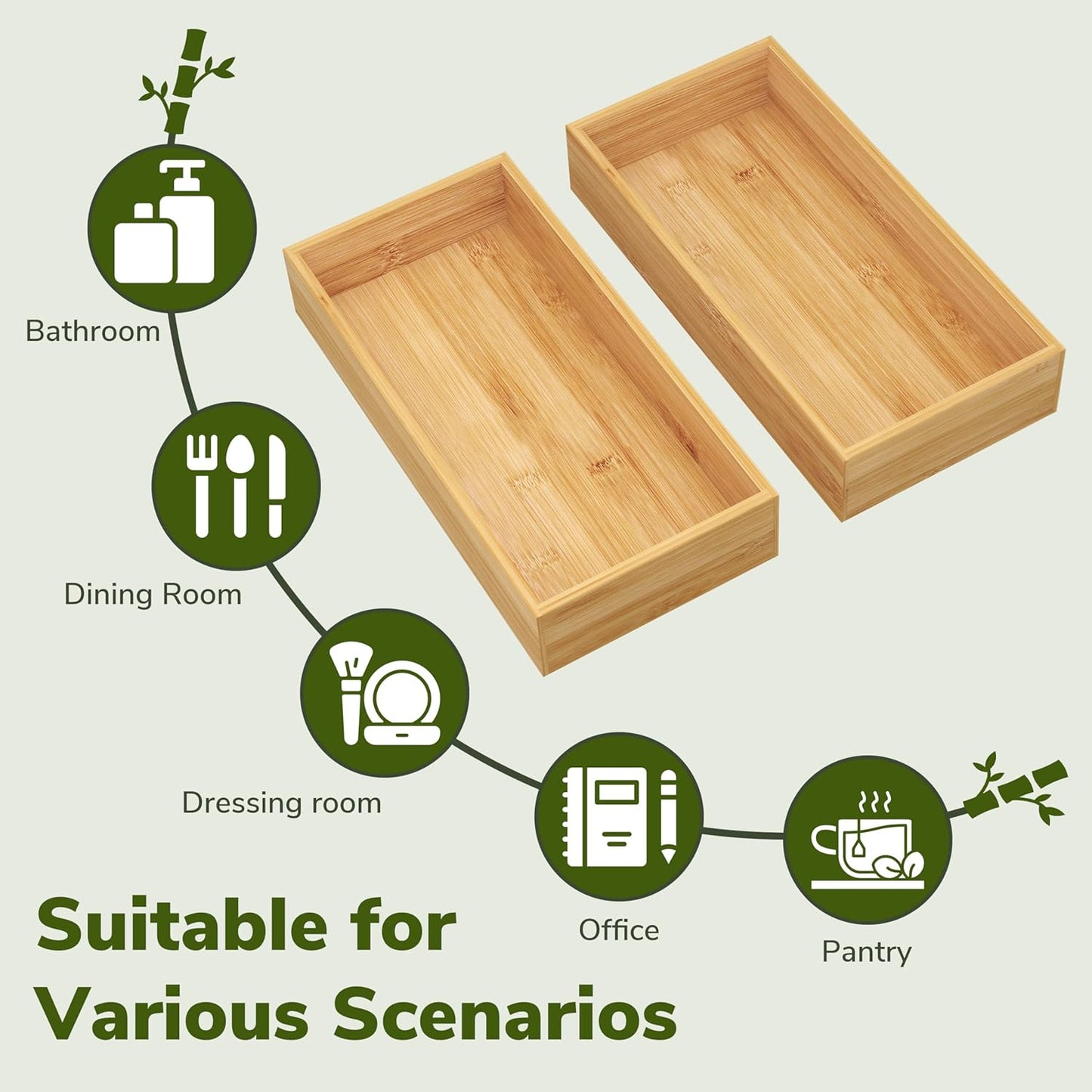 BAMEOS Deep Utensil Drawer Organizer, Bamboo Silverware Organizer for Kitchen Drawer Storage Flatware Junk Cutlery Jewelry 14"x 6.8" Set of 2 (Natural)