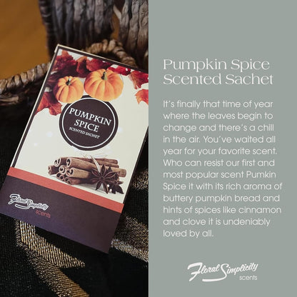 Floral Simplicity Pumpkin Spice Scented Sachets Pack of 6, Fall & Winter - Long-Lasting Scented Bags, Home Fragrance, Air Freshener & Deodorizer for Closet, Room, Drawer, or Cars, Made in USA