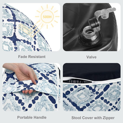 LVTXIII Outdoor Inflatable Ottoman, Fade-Resistant Round Footrest Stool D31”x H14”, Portable Patio Pouf for Garden Camping or Home Use, Boho Geometry Blue