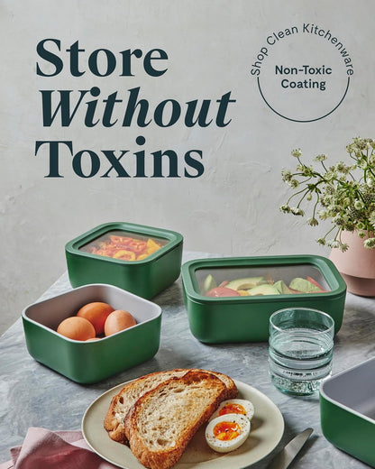 Caraway 2pc Glass Food Storage Set - 6.6 Cup Food Containers (2) - Ceramic Coated - Non Toxic, Non Stick Lunch Box with Lids. Dishwasher, Oven, & Microwave Safe - Mist