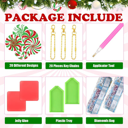 Tondiamo 20 Pcs Christmas Diamond Painting Keychain Kits 5D DIY Diamond Art Pendants Double Sided Hanging Key Chains for Christmas Party Decoration DIY(Cute Candy Cane Style)