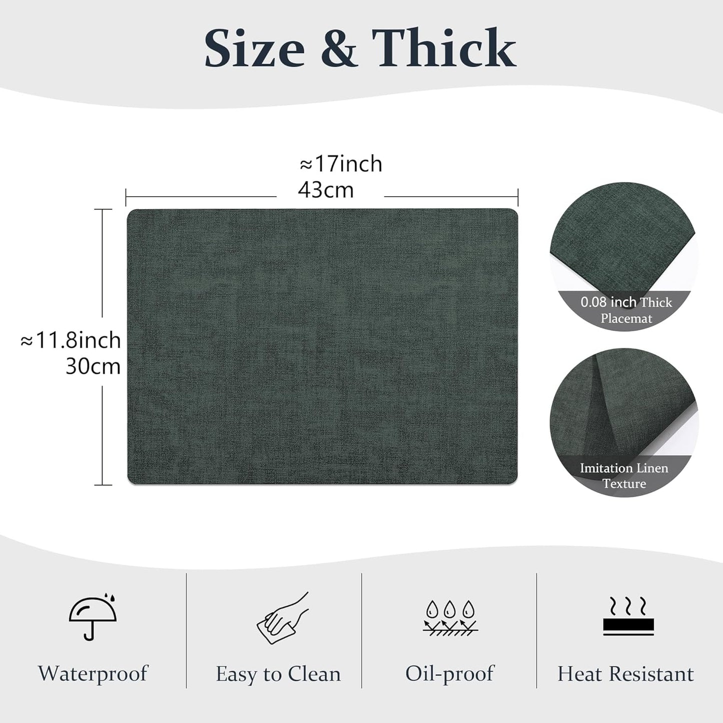 FROMHEART Faux Leather Placemats Set of 6–Waterproof,Heat/Oil Stain-Resistant PU Table Mat–Reversible,Non-Slip,Easy to Clean Place Mats for Kitchen,Dining,Indoor/Outdoor,(Dark Green,11.8" x 17")