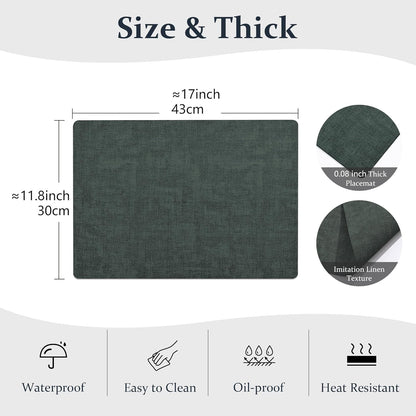 FROMHEART Faux Leather Placemats Set of 6–Waterproof,Heat/Oil Stain-Resistant PU Table Mat–Reversible,Non-Slip,Easy to Clean Place Mats for Kitchen,Dining,Indoor/Outdoor,(Dark Green,11.8" x 17")