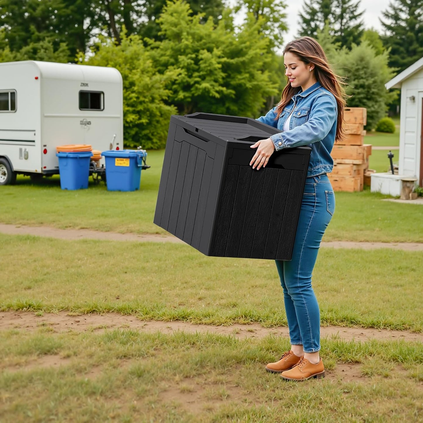 Devoko 30 Gallon Resin Deck Box 2 Pack Outdoor Indoor Waterproof Storage Box for Patio Furniture Pool Accessories Storage for Cushion Garden Tools (Black, 2 Pack)