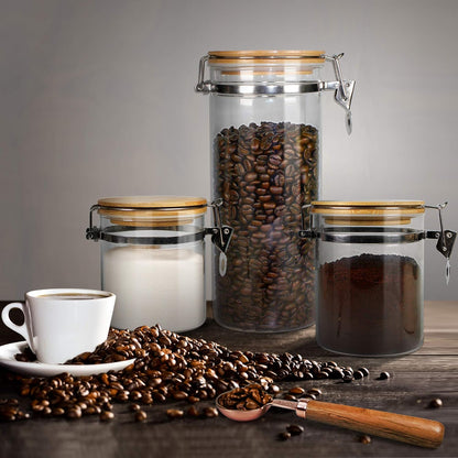 Urban Green Borosilicate Glass Storage Jars with Airtight Locking Clamp Lids, Airtight Canister Set，Coffee Set of 3 with Spoon (50oz, 24oz, 18oz), Storage Containers with Bamboo Lid
